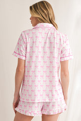 Bowknot Print Shirt and Ruffle Hem Shorts Pajama Set